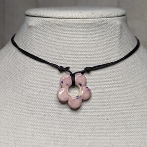 Pink Ceramic Flower Pendant Choker Necklace Handmade Boho Hippie Whimsical Y2K